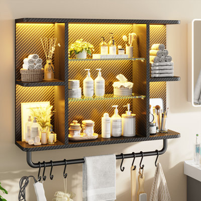 33.4" Wide Wall Mounted Floating Shelf With Glass Shelves & Metal Hooks