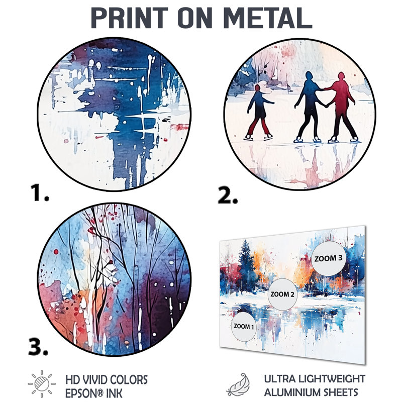 «Ice Skating Winter Landscape II - Landscape», impression murale en métal, H 12 po x l 20 po