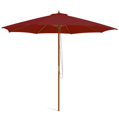10ft Patio Wooden Market Table Umbrella Pulley With 8 Bamboo Ribs Sunshade Canopy