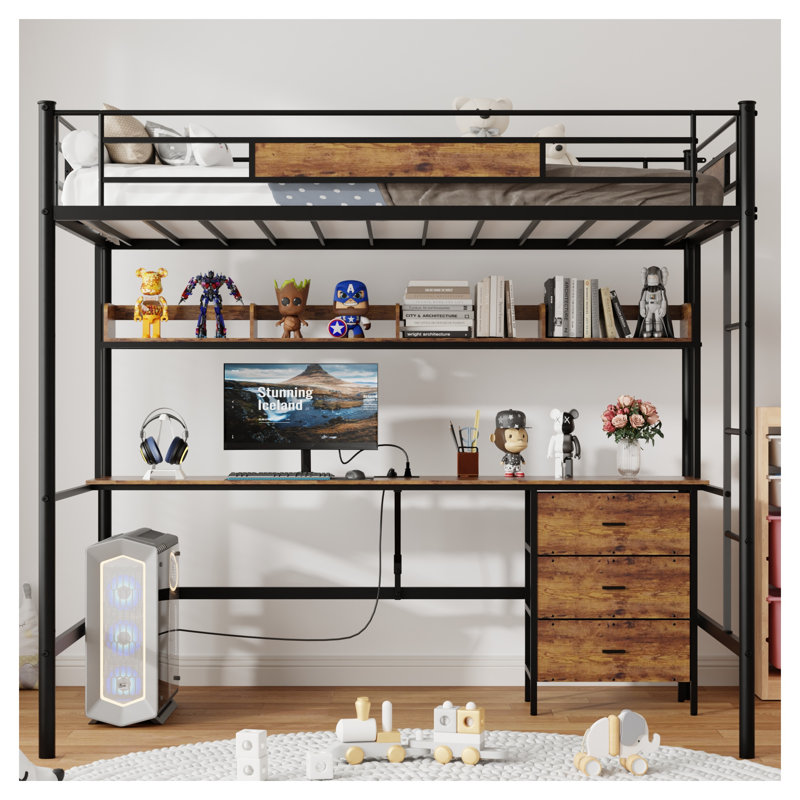 Lit mezzanine simple avec bureau en L, tiroirs et station de charge, métal brun et bois