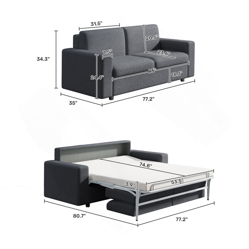 Canapé-lit escamotable, canapé-lit double, canapé convertible 2 en 1 avec matelas en mousse à mémoire de forme, causeuse pour salon, appartement de bureau et petit espace (gris)