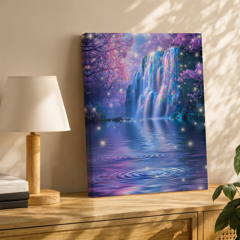 Toile «A Vibrant Ethereal Waterfall Cascades Down Smooth Iridescent Rocks», art mural par Lush Pink, H 30 po x l 40 po