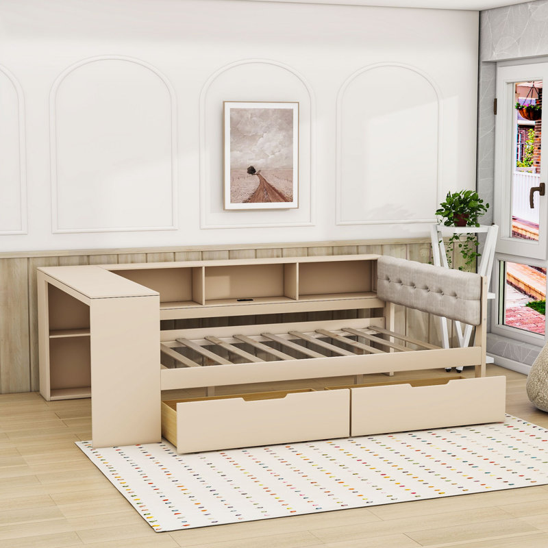 Lit de jour en bois avec 2 tiroirs et tablettes et station de charge, Complet/Double, Crème, crème