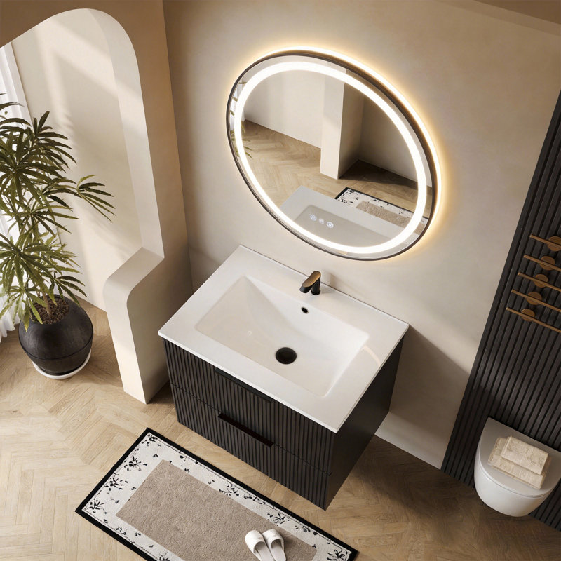 Bathroom Vanity Cabinet with Sink Black Wall Mounted Bathroom Vanities with Ceramic Sink Floating Fluted Sink Vanity with Drawers,Modern