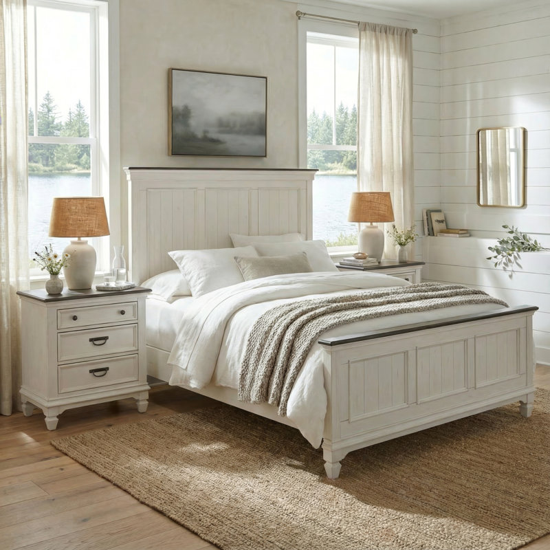 Ensemble de chambre avec grand lit à panneau et deux tables de chevet Colburn, Grand