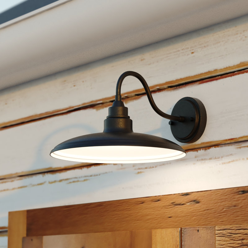 8.5 in. H 1-Light Textured Black and Glossy White Farmhouse Outdoor Wall Sconce, Durable Metal Shade, Integrated LED, Dark Sky Compliant, Exterior Porch Patio Front Door or Garage
