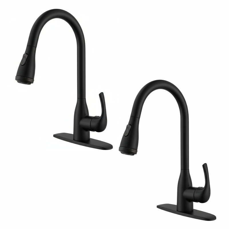 Modern High Arc Single Handle Pull-Down Kitchen Faucet with Deck Plate (Set of 2), Matte Black