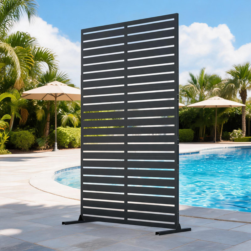 Écran d'intimité autoportant en métal avec support, panneau de séparation galvanisé l 47 po x H 72 po, cloison imperméable pour patio, balcon, jardin et bord de piscine, noir