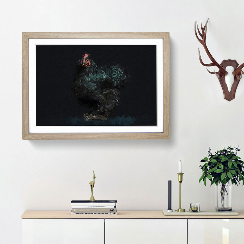 Black Rooster in Abstract - Picture Frame Graphic Art Print, 62cm H x 87cm W x 2cm D, Oak Framed