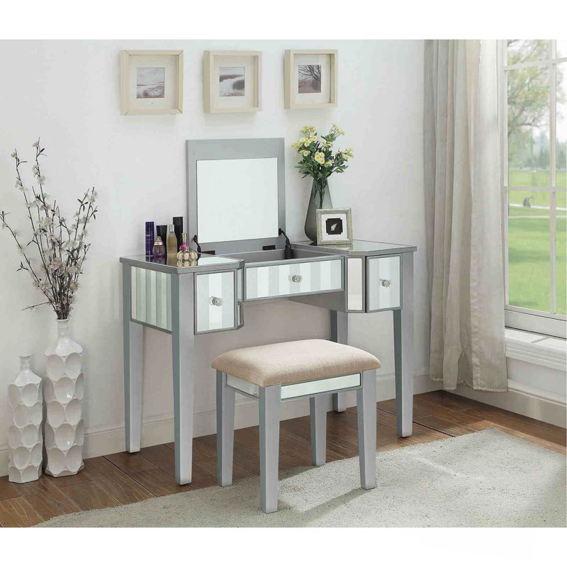 Ensemble de meuble-lavabo de style transitionnel 1 pièce avec tabourets rembourrés, Argent