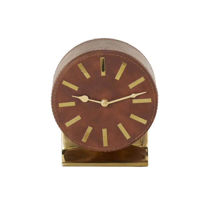 Round Decorative Clock With Rectangular Base, 7.3" H x 6.3" W x 3.7" D, Brown/Gold