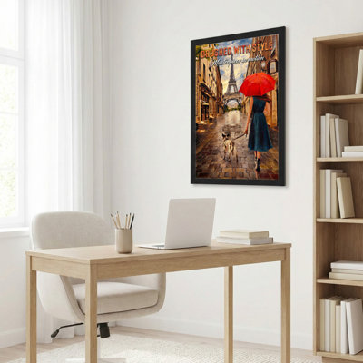 Paris Street Scene With Eiffel Tower And Woman In Red Umbrella Canvas Wrapped Wall Art Set Of 1