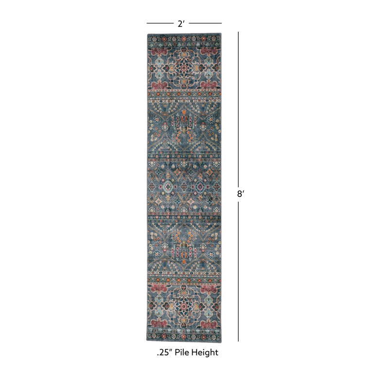 Aspers Machine Washable Teal and Ivory Area Rug, Runner 2' x 8'