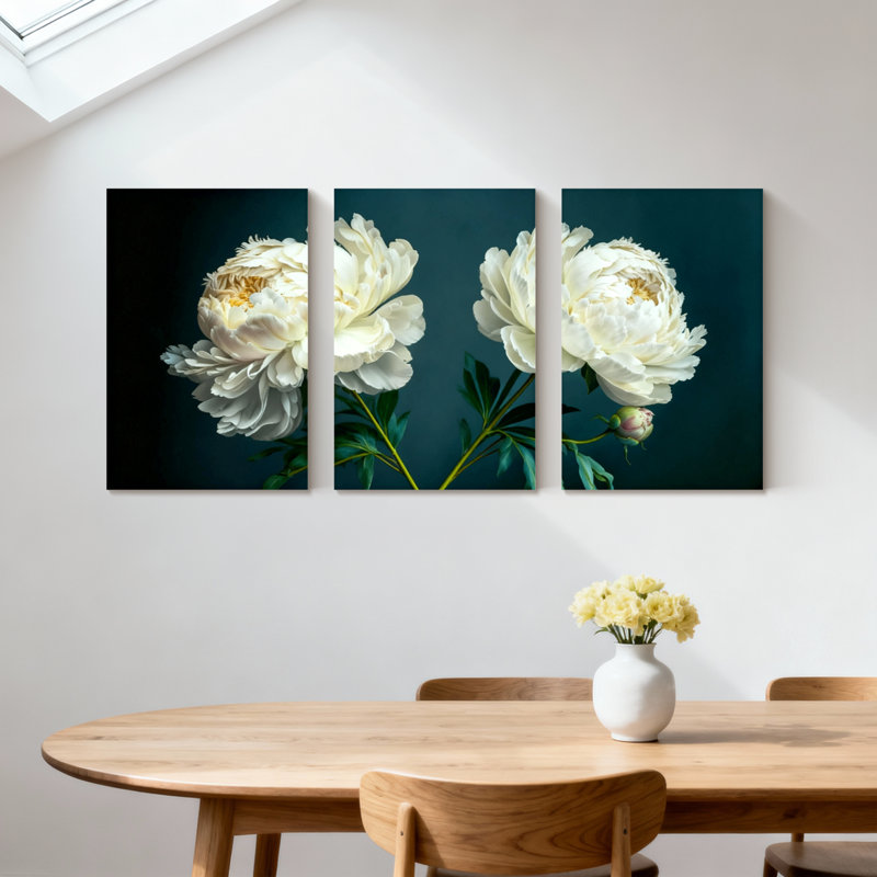 Pivoine, pivoines blanches sur fond foncé, ensemble de 3 impressions sur toile, H 24 po x l 48 po