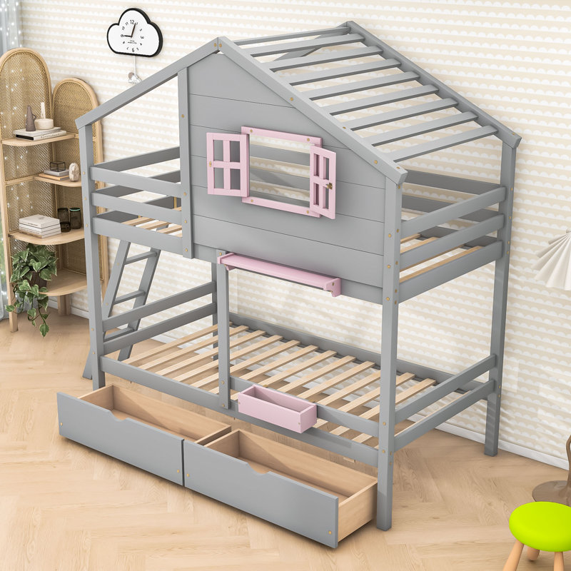 Playhouse-Inspired Twin Over Twin Bunk Bed With Drawers, Gray