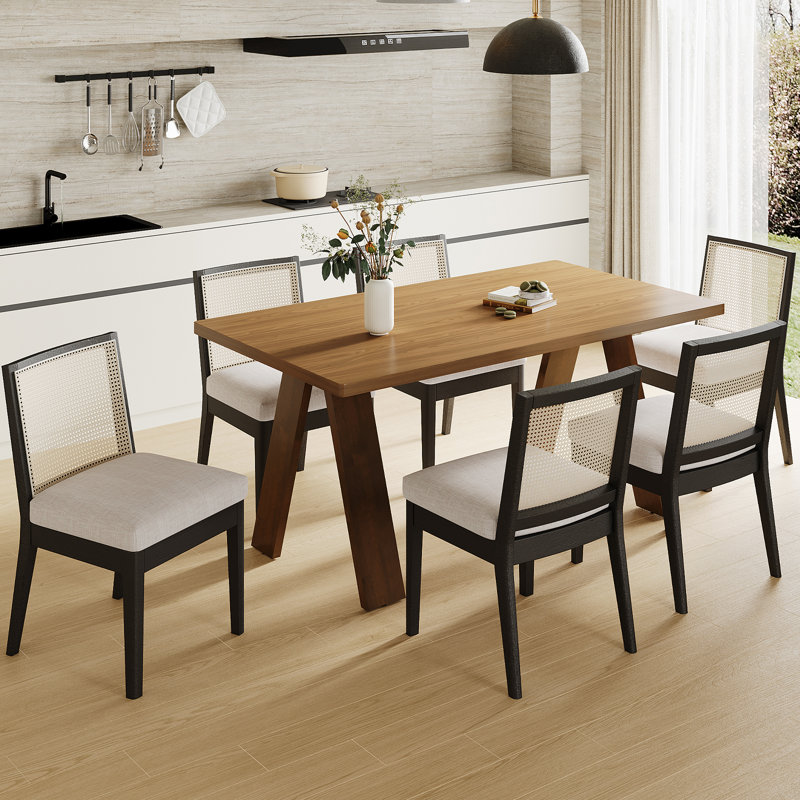Dining Set Mid-Century Modern Wooden Table & Upholstered Chair Set For Home, Kitchen, Dining Room, 7 Pieces: Table, 6 Chairs