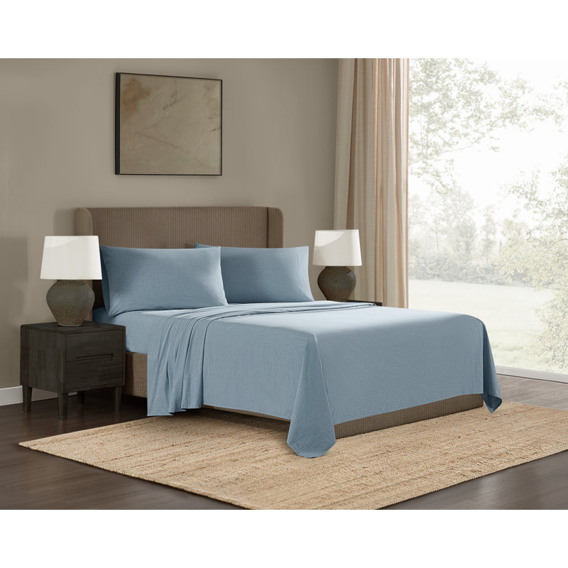 Ensemble de draps Frye, Bleu, Ensemble de draps pour grand lit avec 2 taies d'or