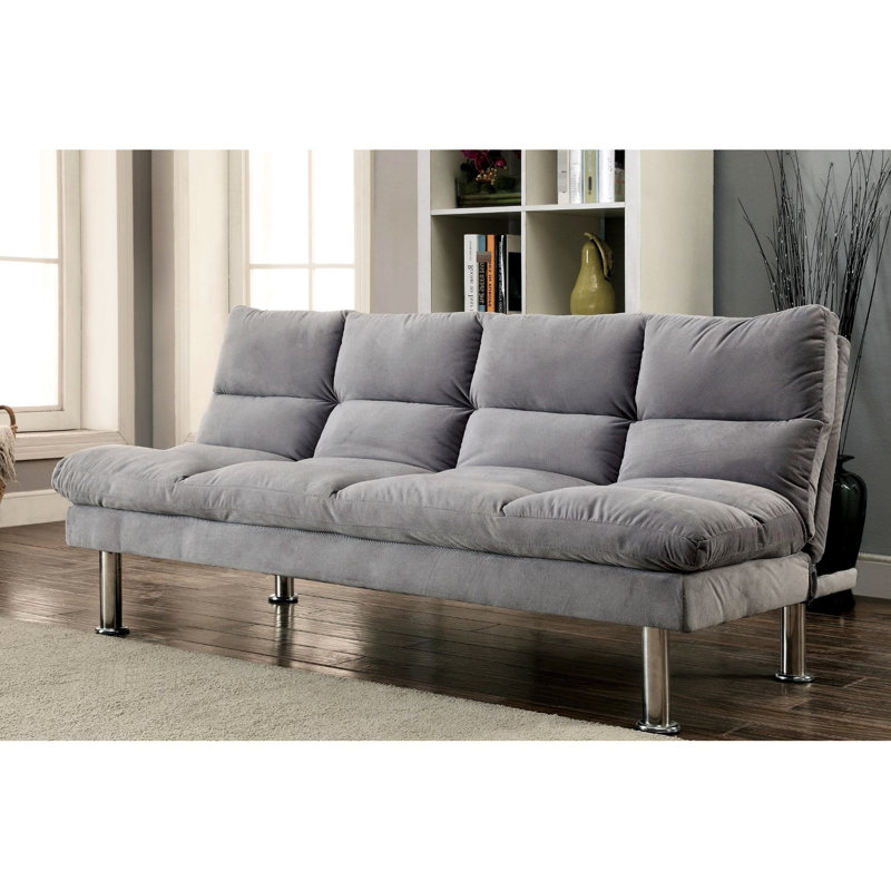 Futon en microfibre gris de style contemporain avec pieds et support supplémentaire, convertible en lit pour coudre, L 67 po x l 31 po