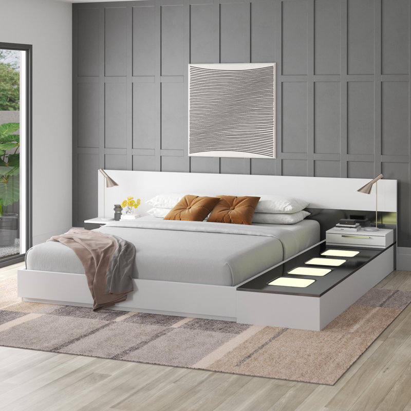 Ensemble de chambre en bois massif Cuyuna, Reine, 4 pièces (1 lit, 2 tables de chevet, 1 banc)