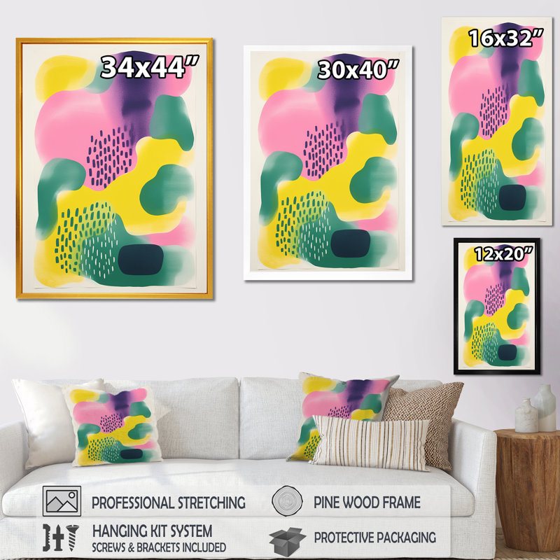 Collages abstraits jaunes et verts - Reproduction d'art abstrait mural, Cadre simple noir, H 44 po x l 34 po x P 1,5 po