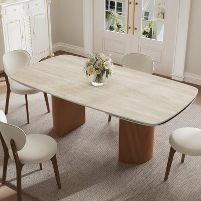 63-94.5" Modern Extendable Retangular Dining Table For 4-10, Sintered Stone Table Top, With Brown Wood Double Base