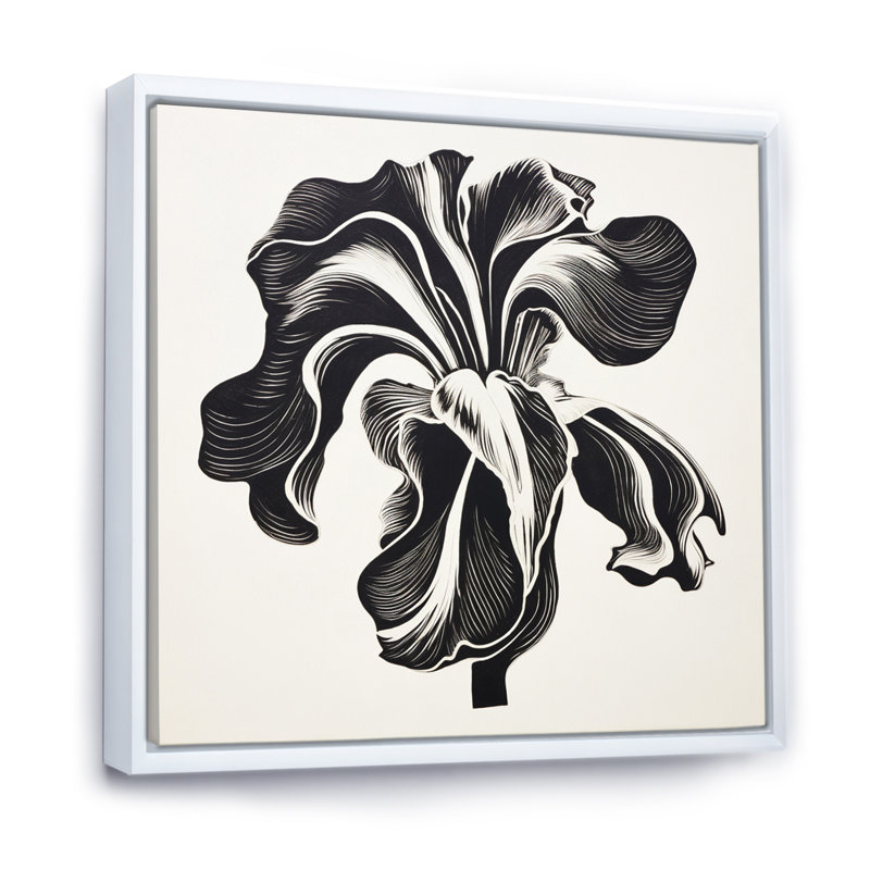 Fleur d'iris noir et blanc sur toile, Cadre flottant blanc, H 16 po x l 16 po x P 1 po
