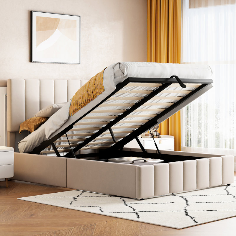 Lit plateforme beige avec rangement et système de stabilité pour chambre à coucher
