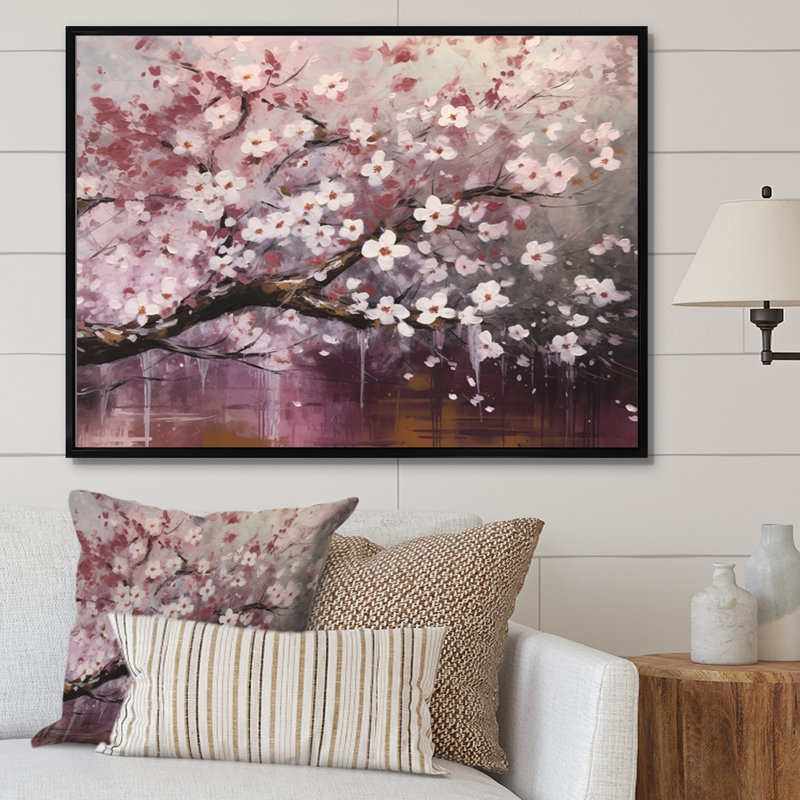 Rose et gris Dogwood Elegance II - impressions sur toile florales, Cadre flottant noir, H 30 po x l 40 po x P 1,5 po