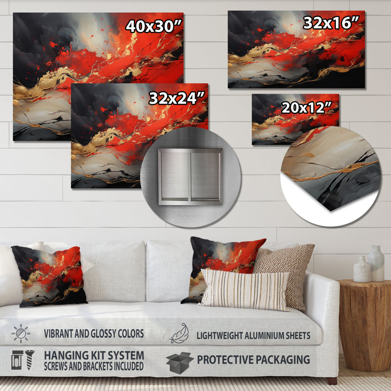 Volcan rouge et doré I - Art mural abstrait en métal MT137135, H 12 po x l 20 po x P 1 po