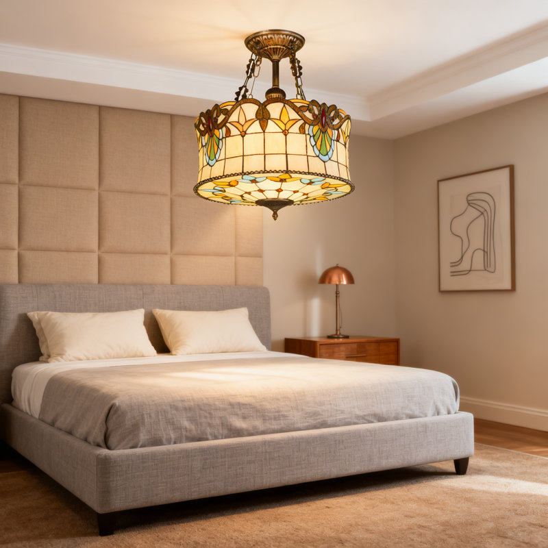 5-light Tiffany Semi Flush Mount Light With Bulbs Included