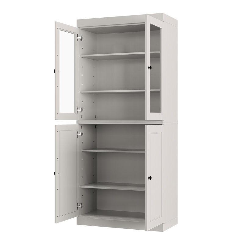 Bibliothèque Vereniz Palace Imports 100 % bois massif, 6 étagères, portes à panneaux en relief et en verre transparent, étagères réglables, 81 cm de large, 182 cm de hauteur