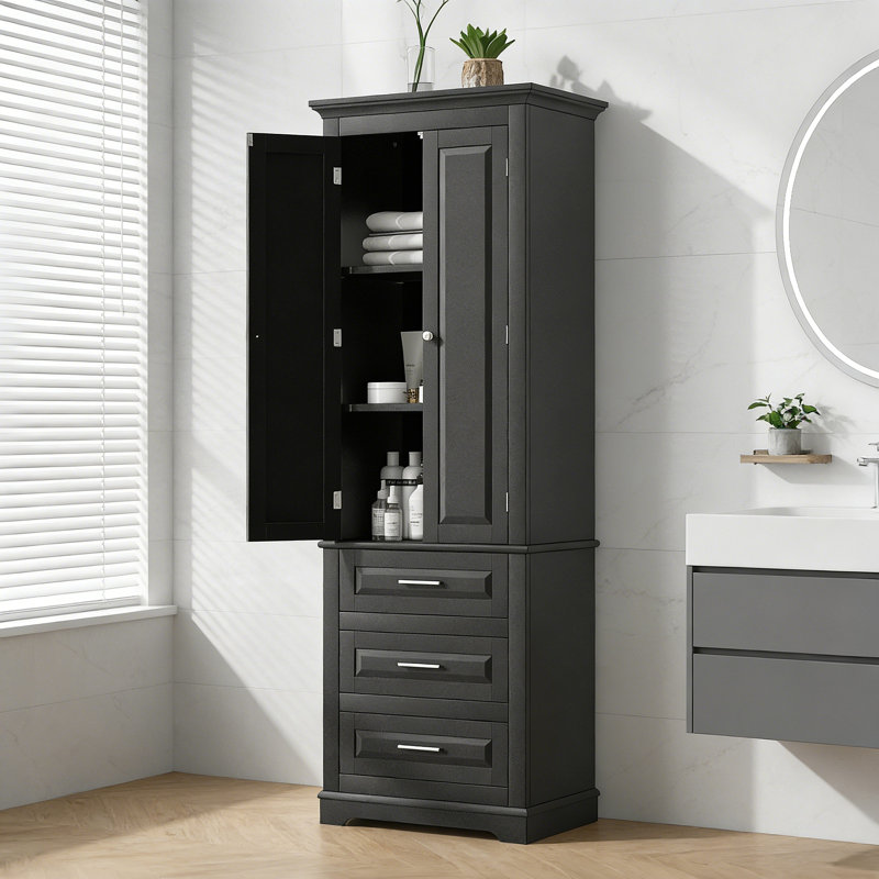 Grande armoire de rangement avec trois tiroirs pour le bureau de la salle de bain, Noir mat