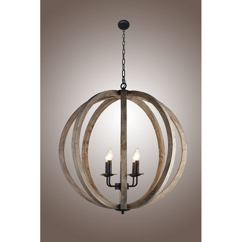 Sachar 4 Light Wood Globe Chandelier Industrial Farmhouse Style Dimmable, 30" H x 28" W x 28" D, Light Brown