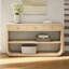 [Vidéo] Console incurvée moderne avec 3 tiroirs à fermeture en douceur et 2 tablettes ouvertes, base en bois massif, table de vestibule pour le vestibule du salon, naturel