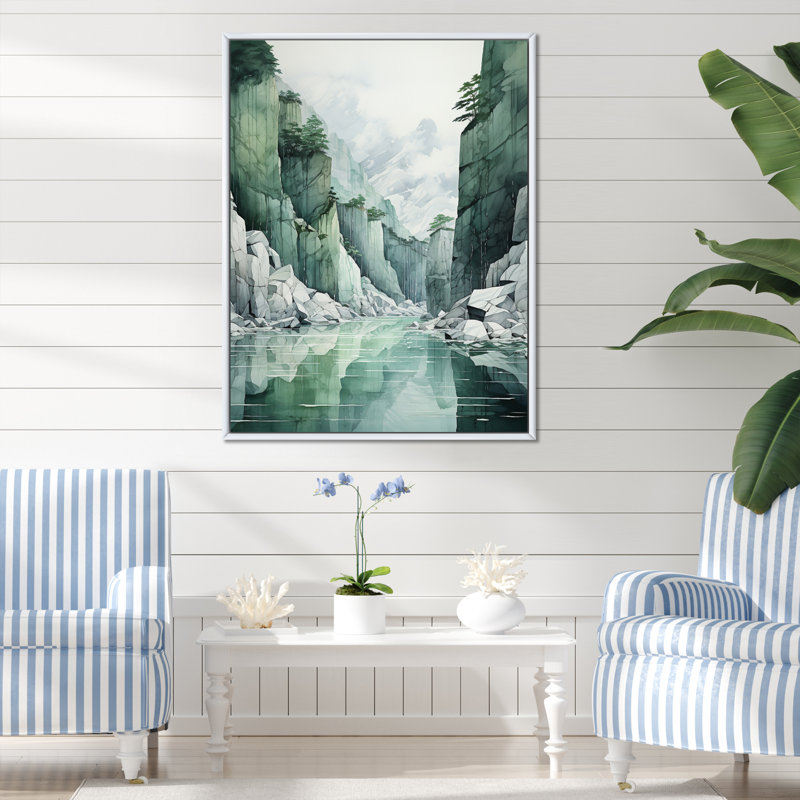 Green 0 Cliff Glacial Symmetry II - impression, H 40 po x l 30 po x P 1,5 po, Cadre flottant blanc