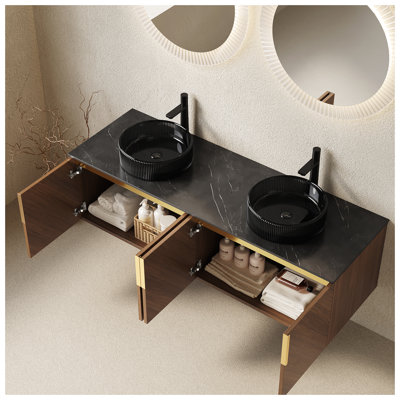 ARAI 60" Bathroom Vanity&Sink, Modern Wall-Mounted Plywood Bathroom Storage Cabinet with 4 Doors, 2 Transparent Black Round Glass Basins & Black Sintered Stone Countertop, Brown Oak Woodgrain Color