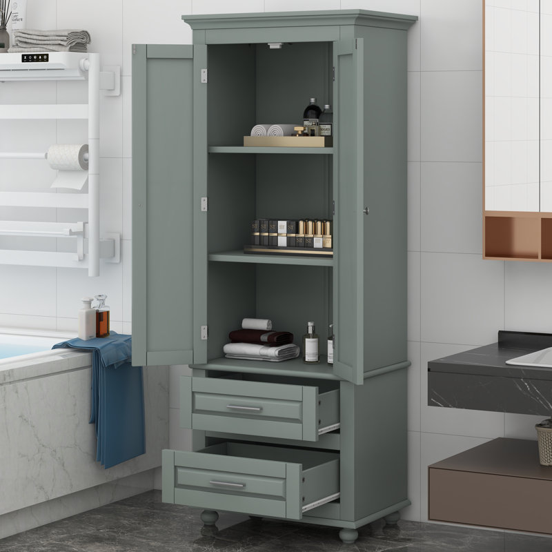 Tall Storage Cabinet With Two Drawers, Freestanding Multifunctional Bathroom Cabinet With Adjustable Shelf, Anti-Tipping Device