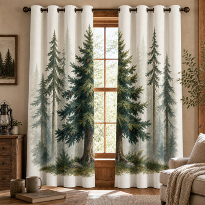 2Pcs Forest Landscape Curtains, Pine Tree Print, Rustic Natural Scenery, Vintage Woodland Theme for Living Room Bedroom Home Decor for Home Dector