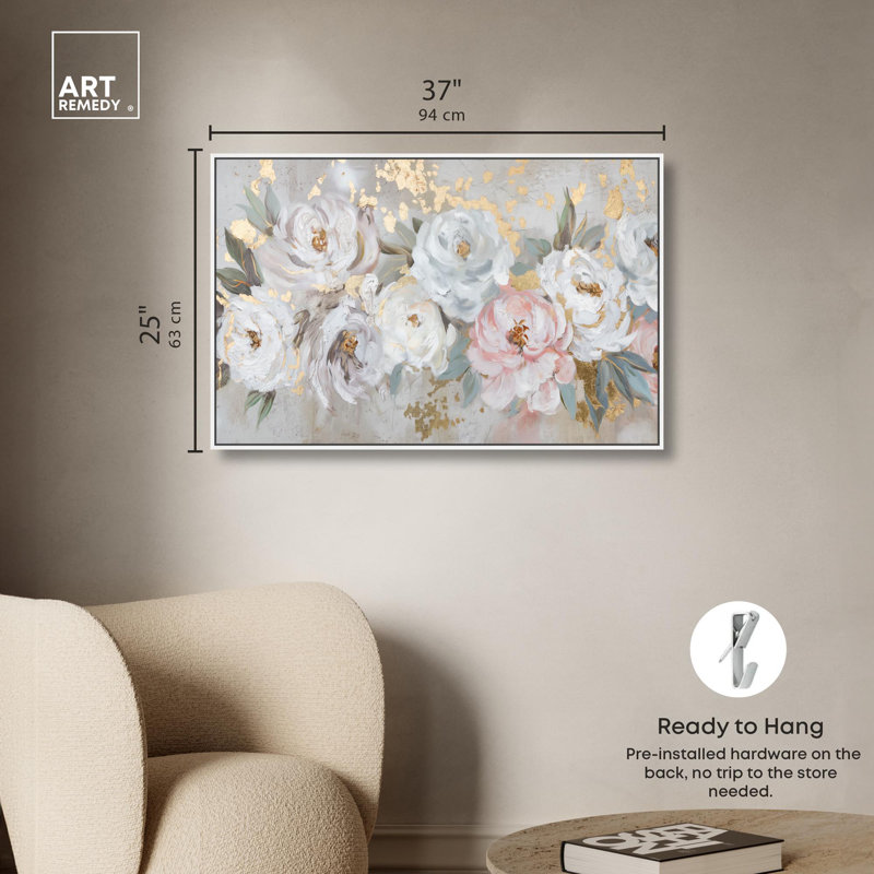 Art, art floral sur toile, H 25 po x l 37 po, Cadre flottant blanc