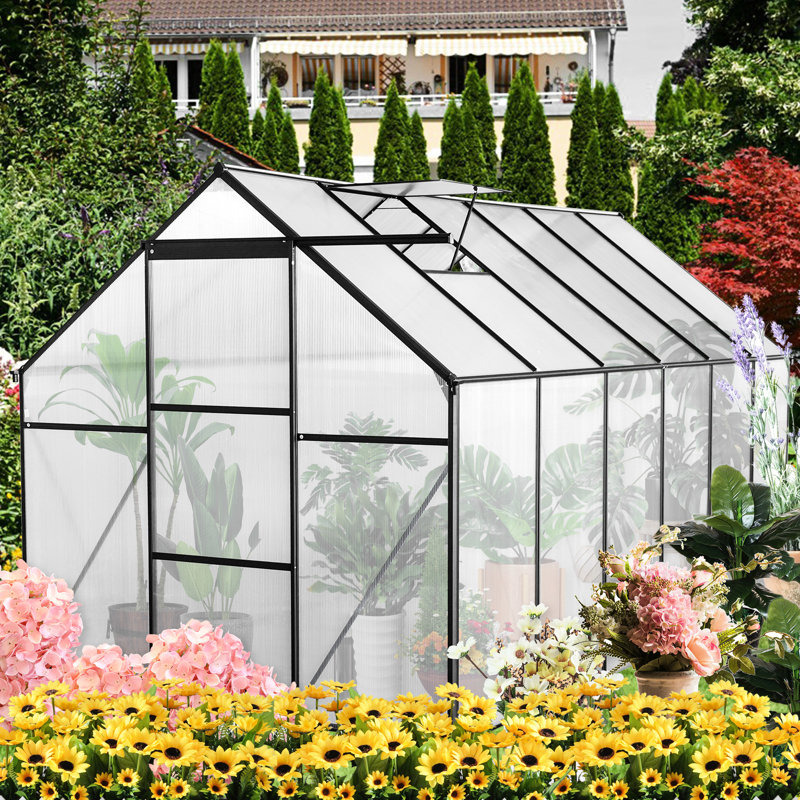 Black Polycarbonate Greenhouse - Heavy Duty, All Season Outdoor For Backyard Sliding Door, Adjustable Roof, Frame Walk-in With Robust Construction Galvanized Base