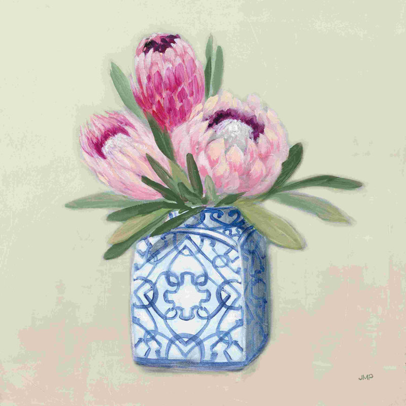 «Protea Chinoiserie II» par Julia Purinton, peinture sur toile tendue, H 12 po x l 12 po