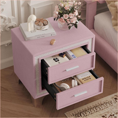 Table de chevet Mid-Century vintage en velours rose avec 2 tiroirs Assemblage facile