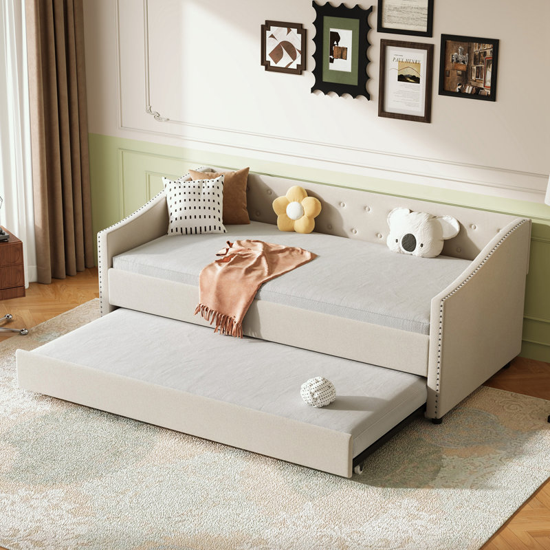 Twin Size Daybed with Twin Size Trundle, Beige, Twin
