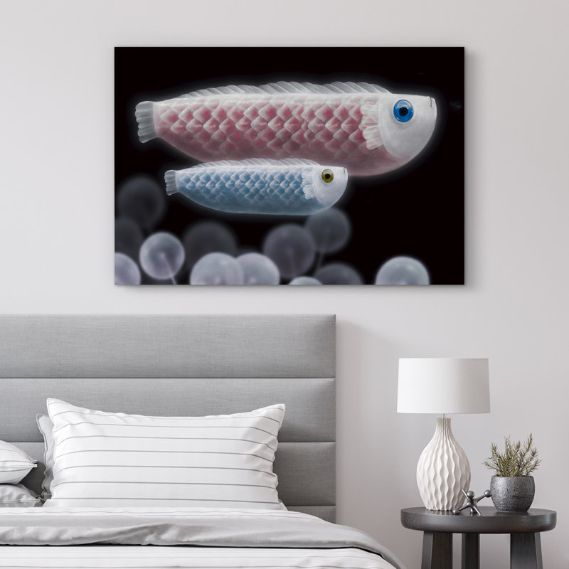 Animaux nautiques, rose, bleu, mignon, poisson, noir, Moody, animaux marins côtiers, Toile tendue, H 12 po x l 18 po