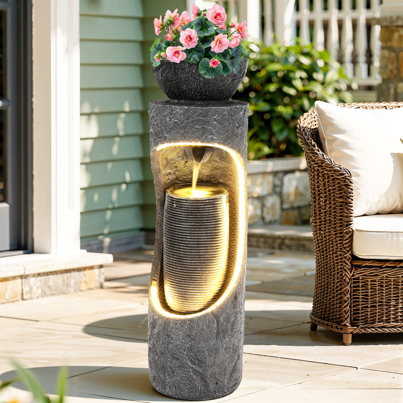 40" Modern Dual-Layer Water Fountain with LED Lights, Column Cascading Waterfall Decor, Weather-Resistant Resin Outdoor Feature