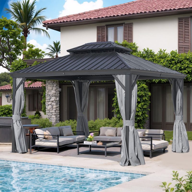 Abri de jardin à toit rigide 12 'x 16' avec double toit en acier galvanisé, structure en aluminium robuste, rideaux