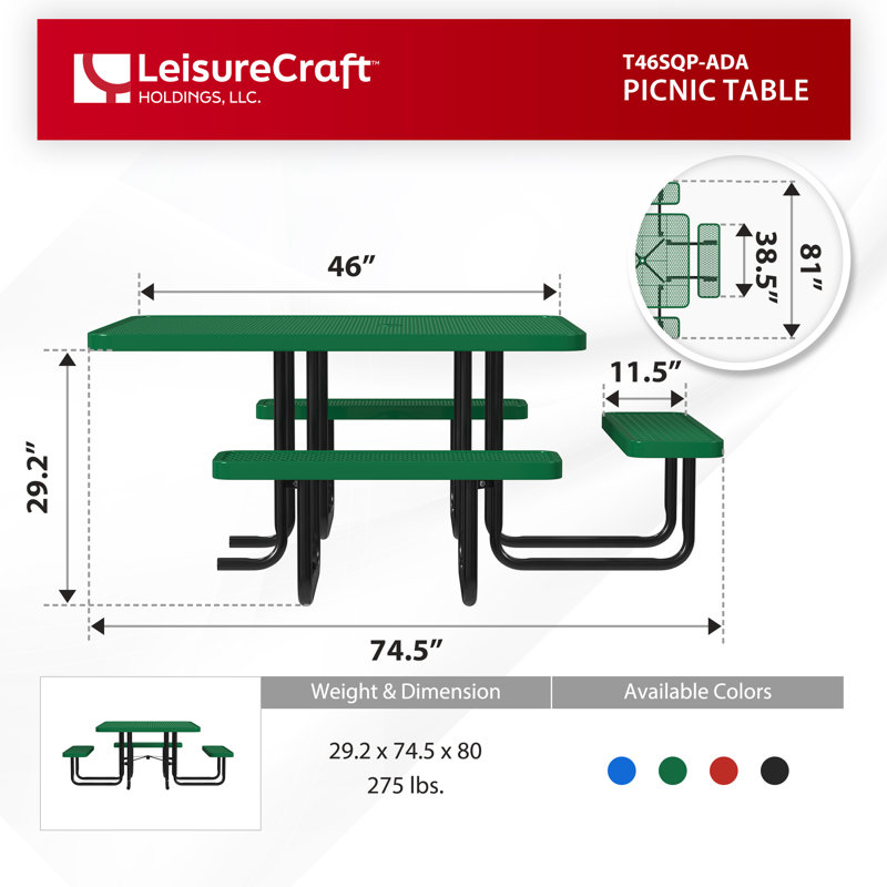 Leisure Craft 46" Square ADA Accessible Outdoor Picnic Table with 3 Bench Seats, Green