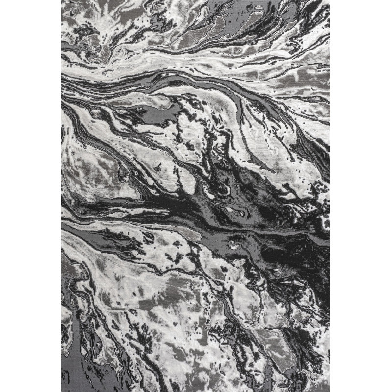 Horfield Marbled Abstract Black/Ivory Rug, Rectangle 5' x 8'
