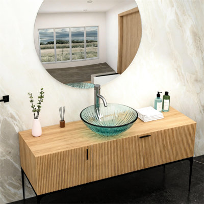 Mesmerizing Artistic Vessel Sink For Bathroom With Pop - Up Drain, Tempered Glass, Black Trim, 5.76 Inches Tall Practical Art Basin In Glass Ideal Home Settings, 16.5 Wide