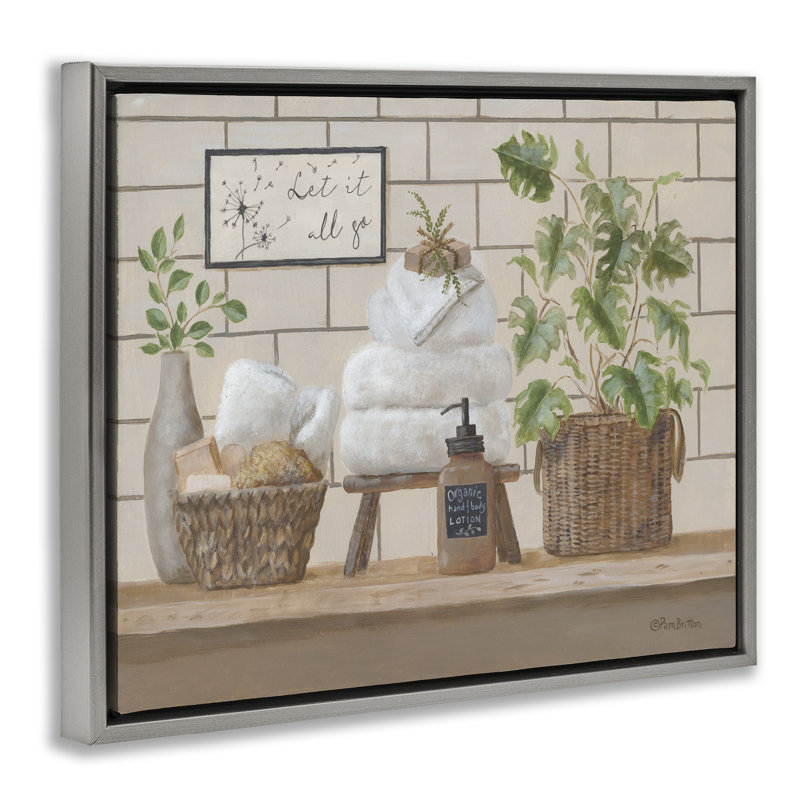«Comforting Bathroom Spa Still Life», toile encadrée flottante grise par Pam Britton, H 25 po x l 31 po